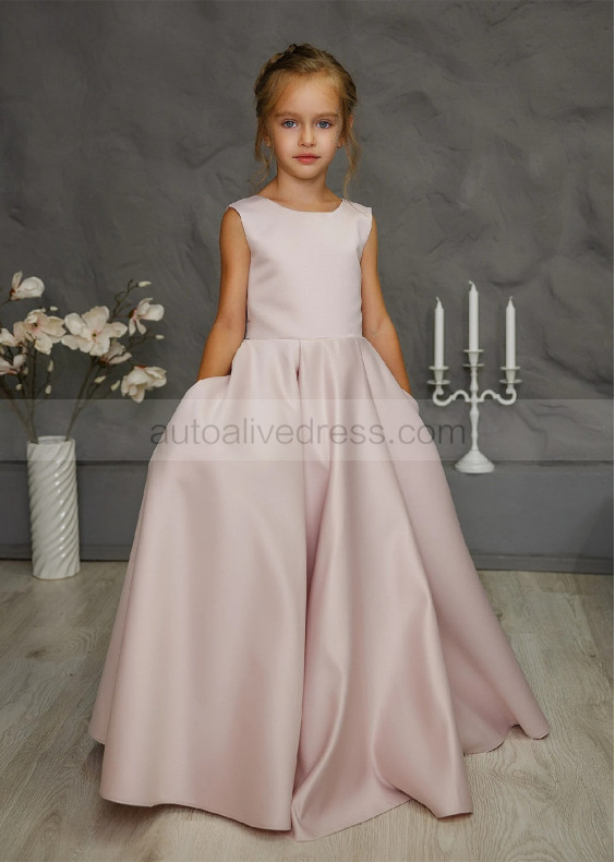 Blush Satin Deep V Back Flower Girl Dress With Pockets